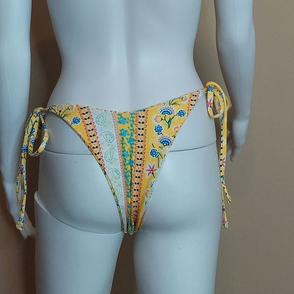 Reversible Yellow Floral High Cut Cheeky Bikini Bathing Suit Bottoms Small NWOT - Picture 3 of 8